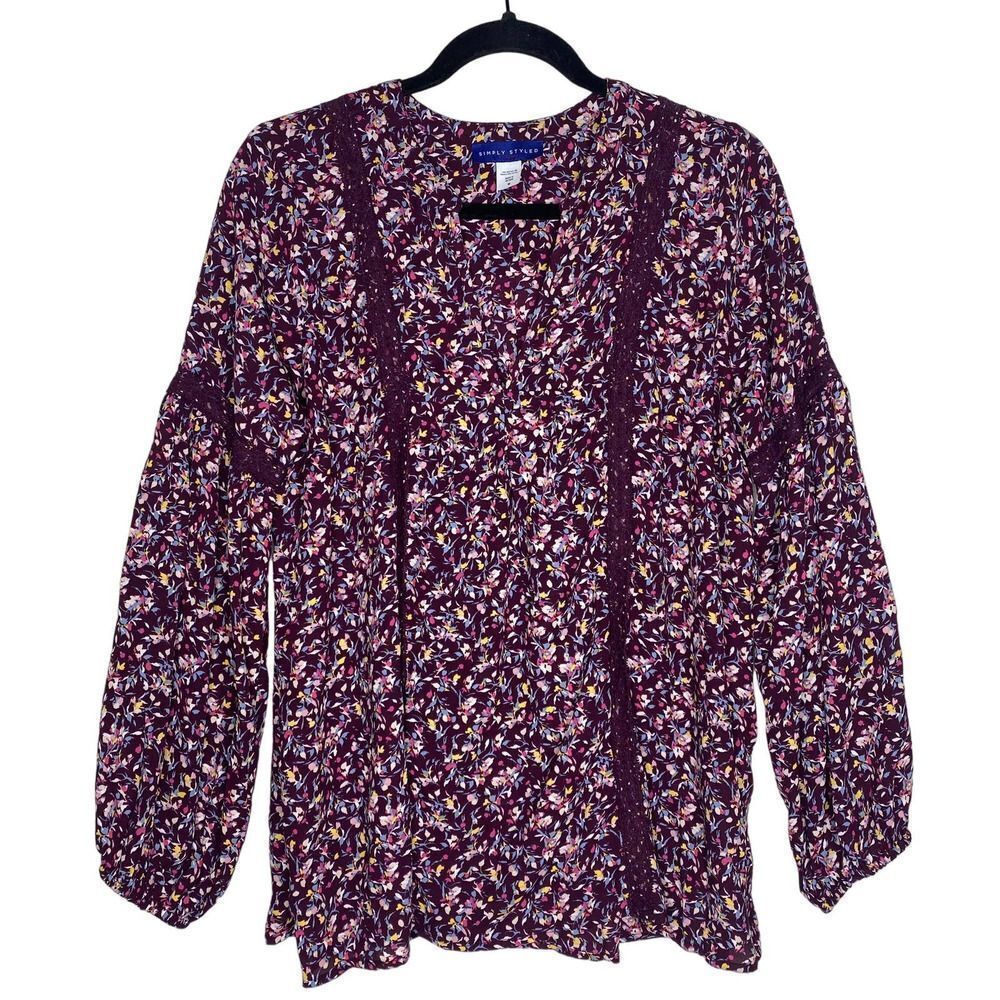 Simply Styled Long Sleeve Floral V-Neck Crochet Lace Peasant Blouse Medium Top